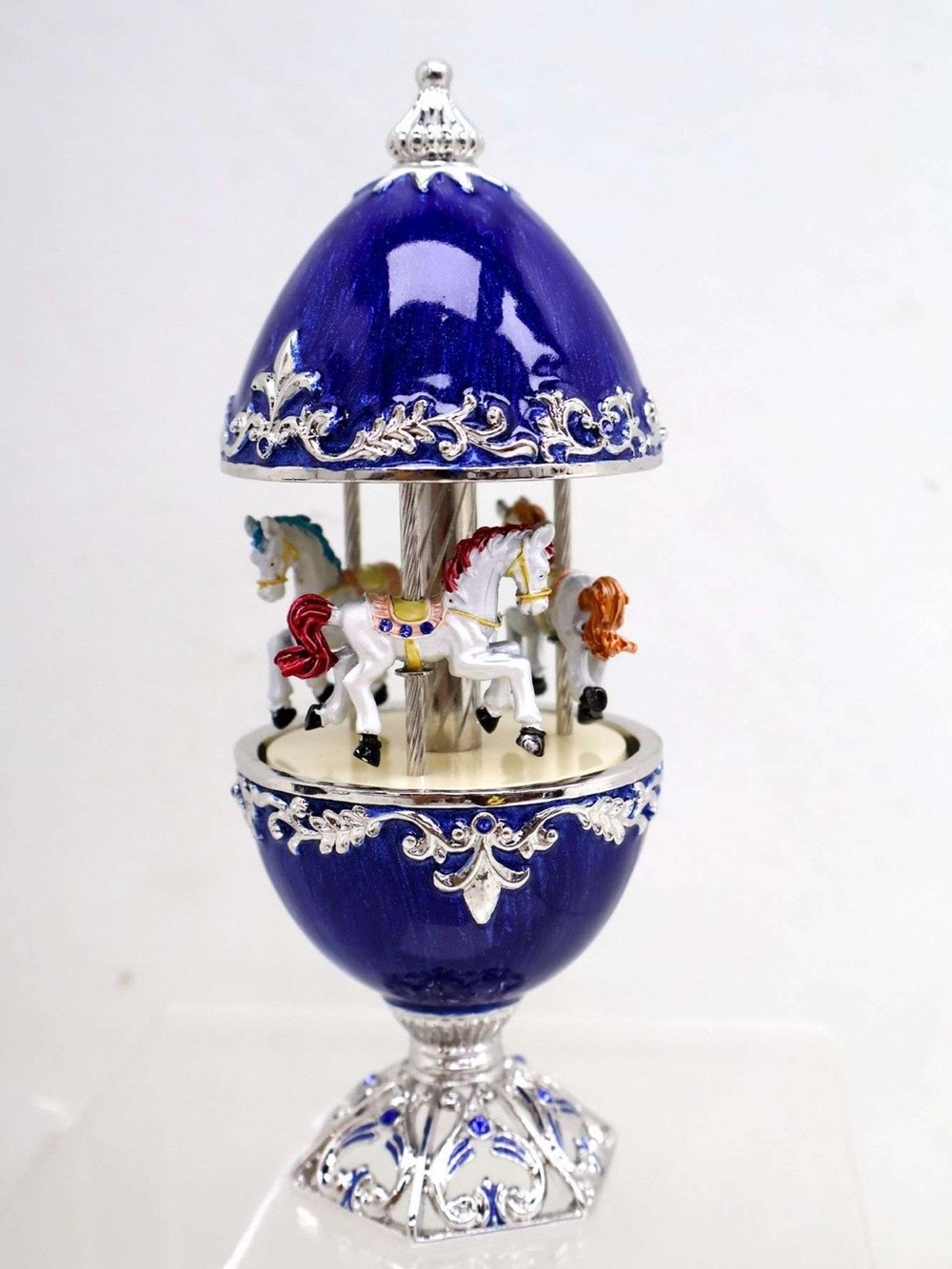 Blue Faberge Musical Carousel Egg with White Royal Horse by Keren Kopal